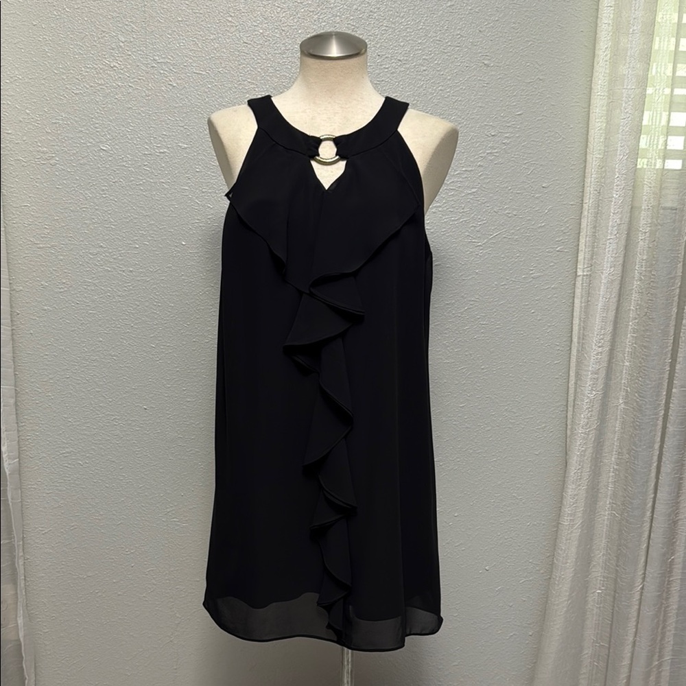 BCX Black Ruffle-Front Halter Mini Dress with Ring Neck